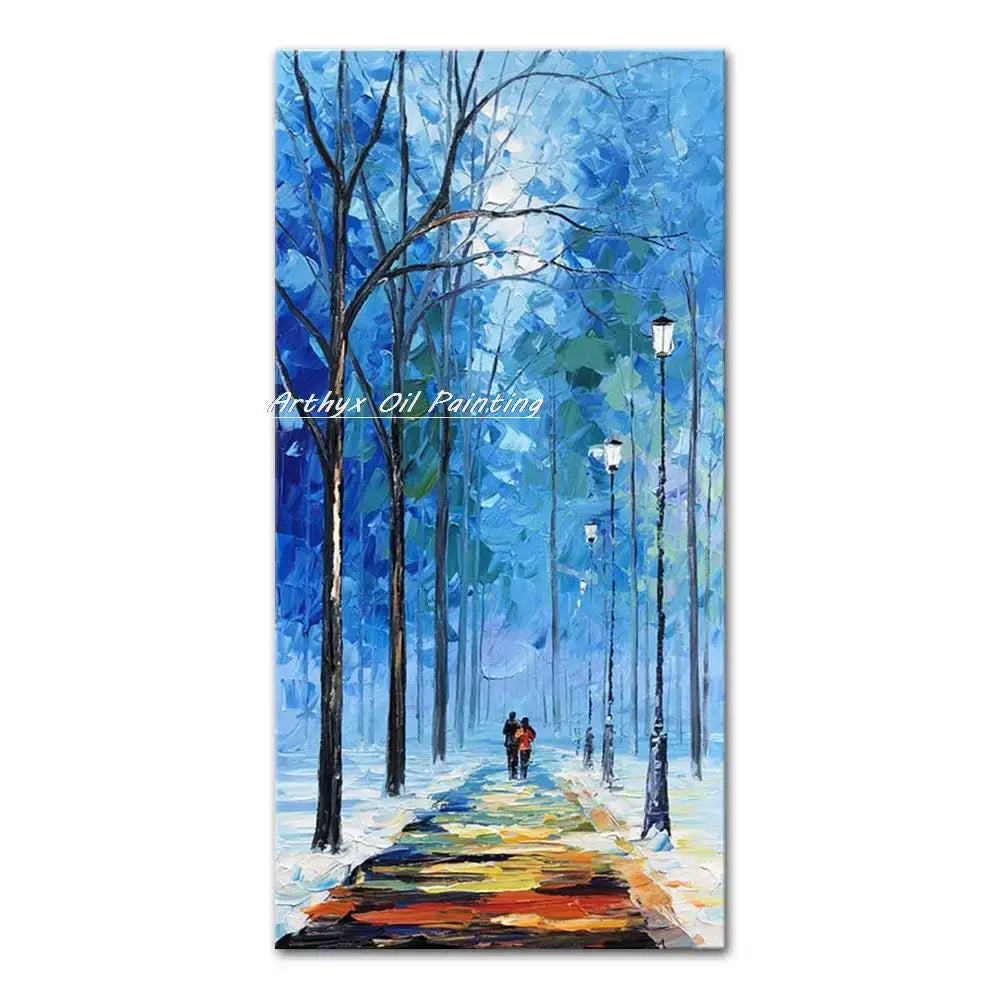 Decorbites™ handmade abstract city oil painting in vibrant blue depicting snowy pathway with bare trees and figures walking