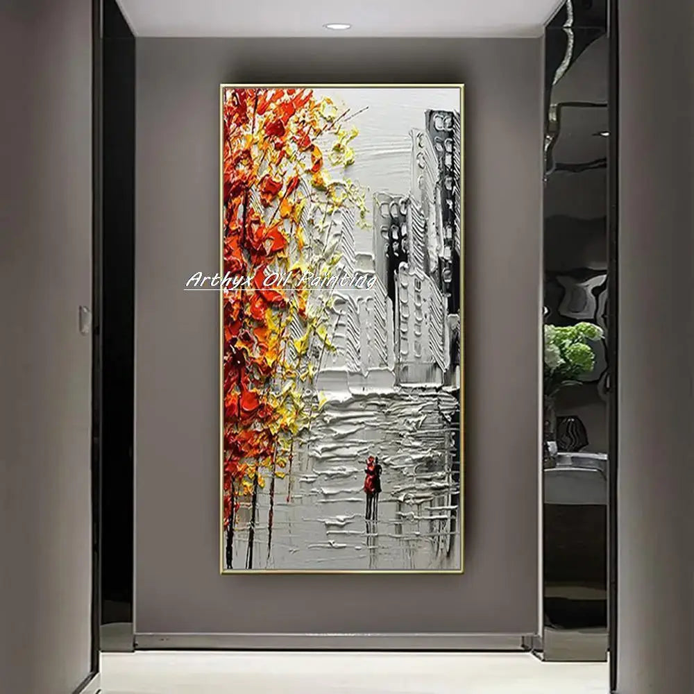 Decorbites™ handmade abstract city oil painting with autumnal trees in reds and yellows on monochrome city landscape