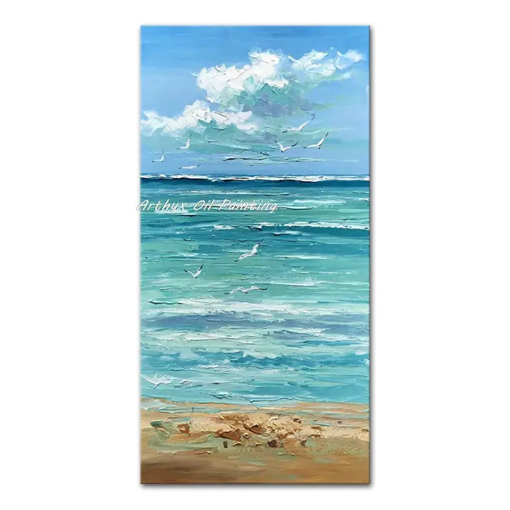 Decorbites™ handmade oil painting featuring a textured turquoise beach scene with seagulls in flight and sandy shores