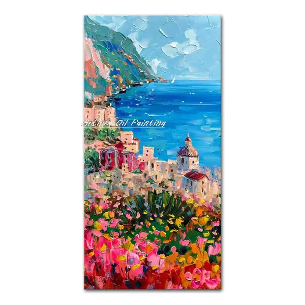 Decorbites™ handmade abstract city oil painting of a vibrant coastal village with colorful buildings and lush hills