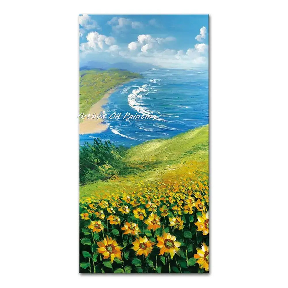 Decorbites™ handmade abstract city oil painting features vibrant sunflower field with textured brushstrokes and coastal landscape