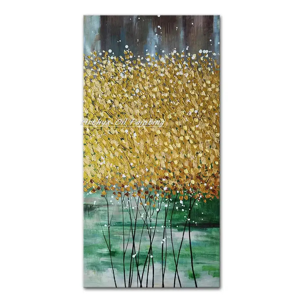 DecorBites™ handmade abstract city oil painting with golden blossoms and black stems on teal and gray canvas
