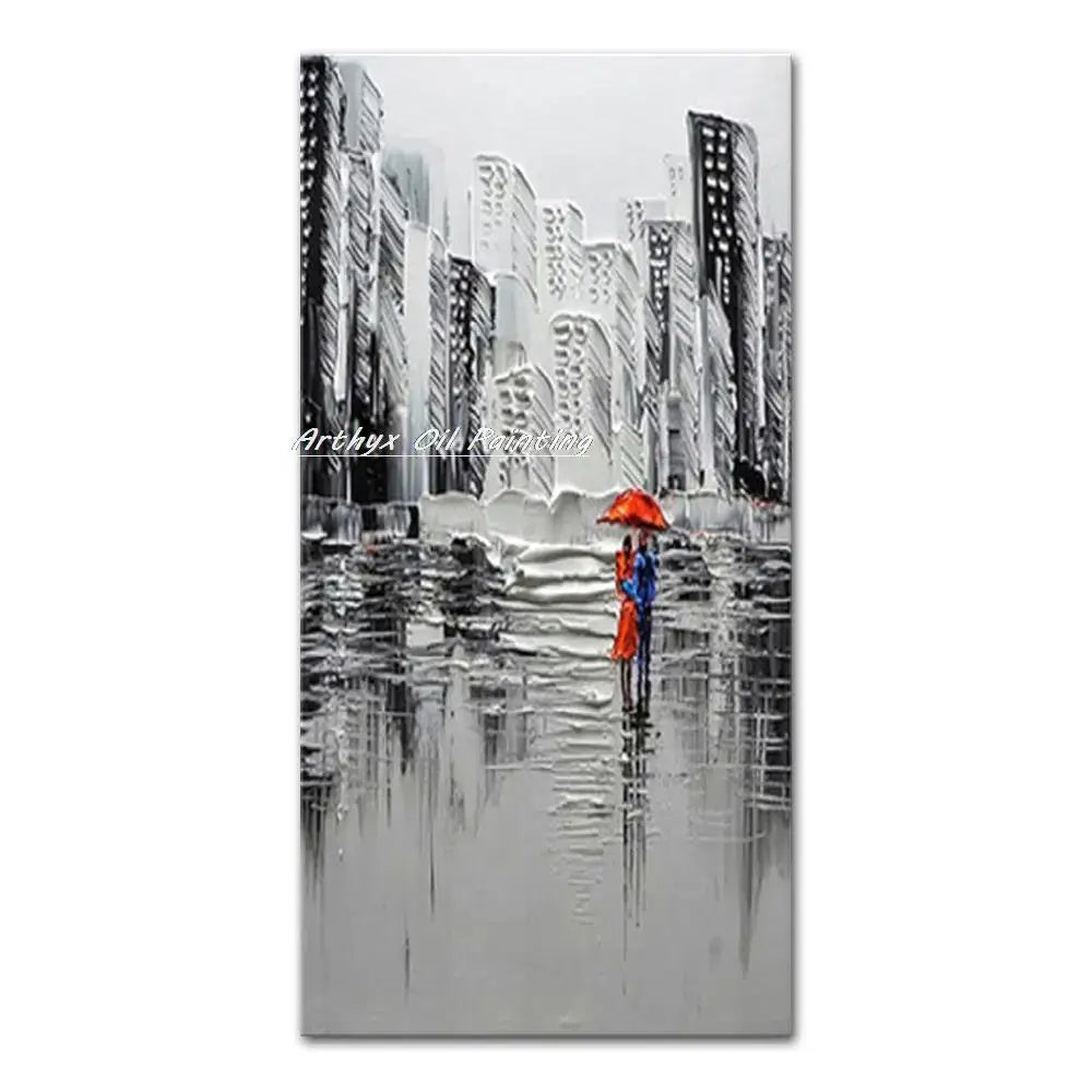 Decorbites™ handmade abstract city oil painting with vibrant red umbrella in grayscale city landscape wall art