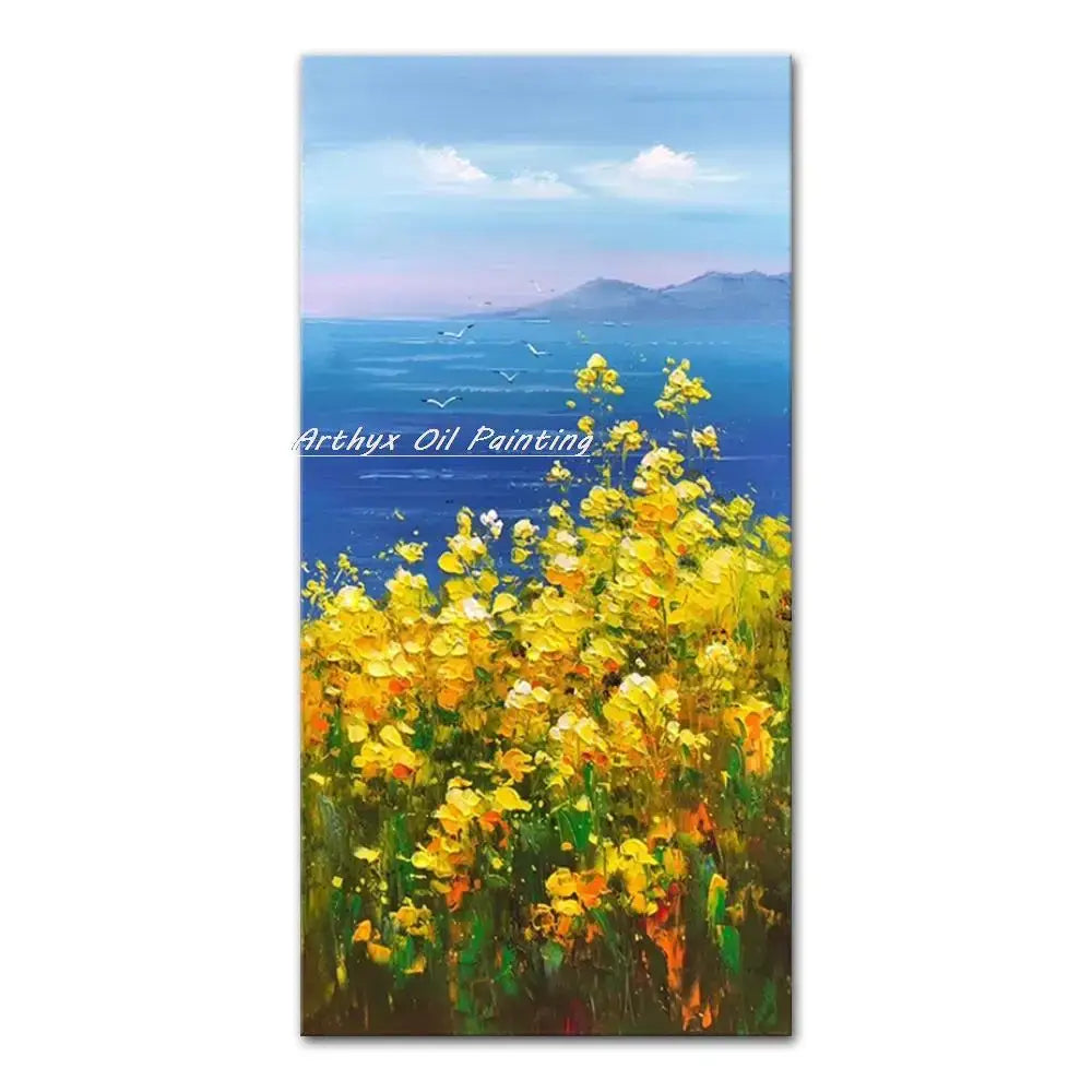 Decorbites™ handmade abstract city oil painting featuring vibrant yellow flowers against a blue sea and sky background