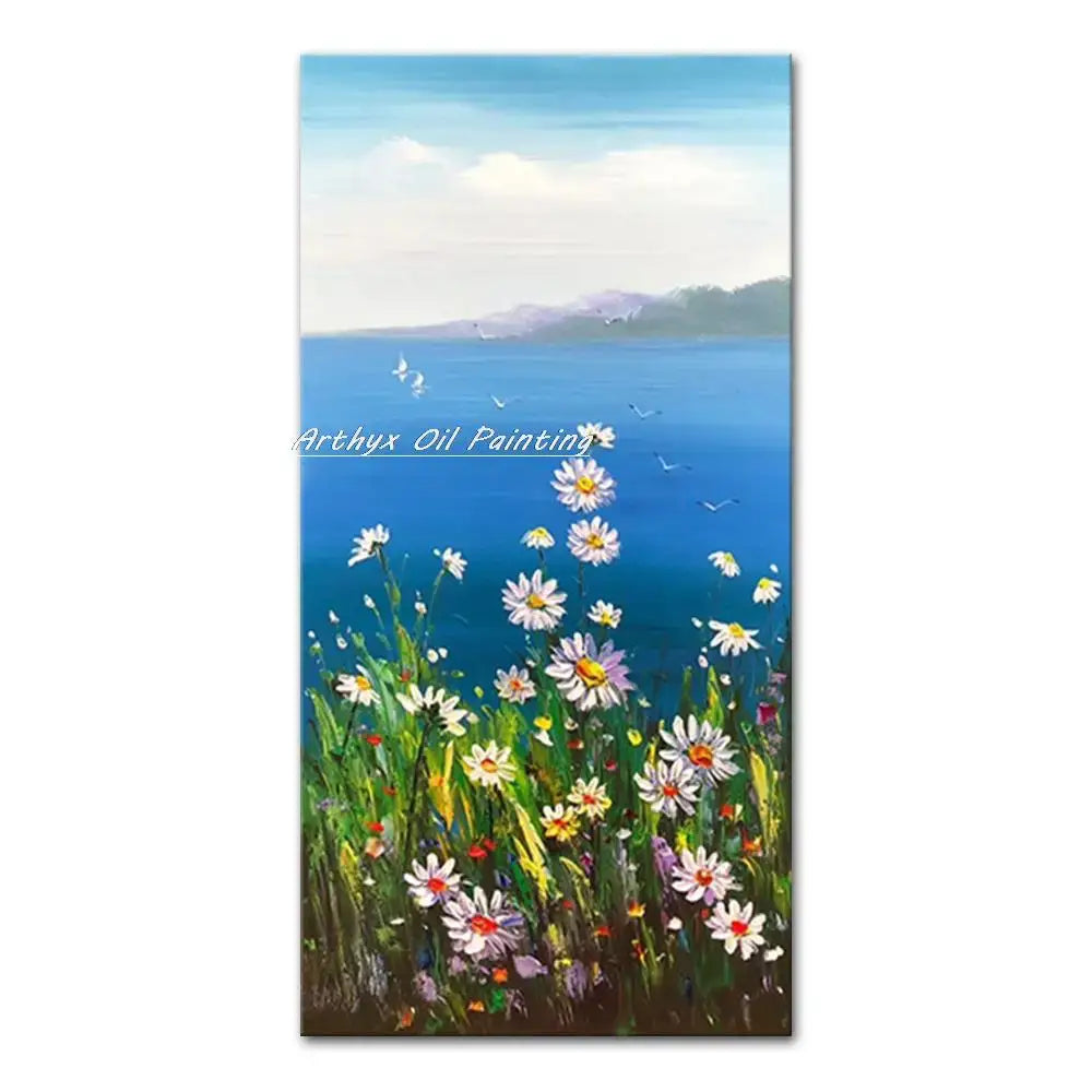 Decorbites™ handmade abstract city oil painting of white and purple daisies by blue sea for modern wall art city landscape