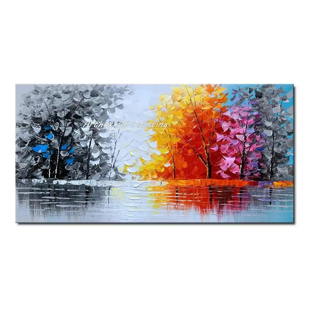 DecorBites™ handmade abstract city oil painting with bold orange pink and gray textured trees reflecting on water surface