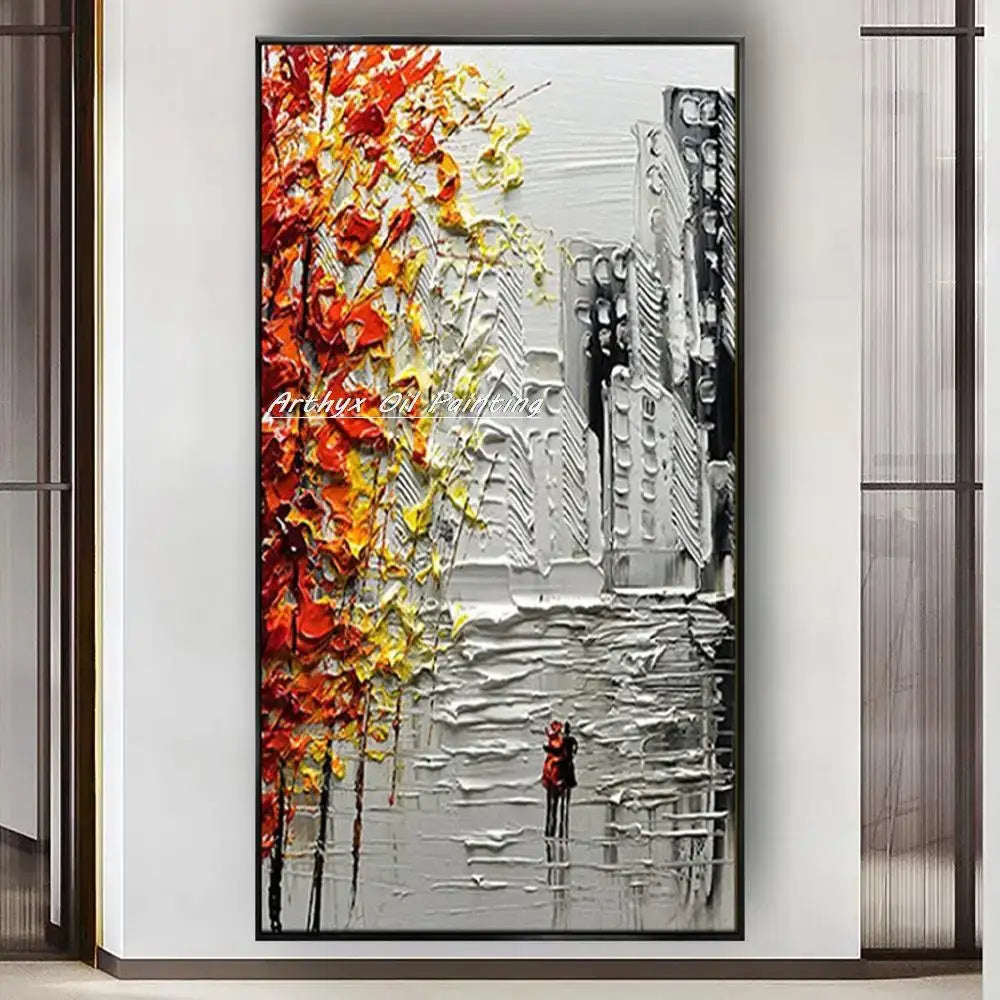 Decorbites™ handmade abstract city oil painting with vibrant red autumn leaves and monochrome city landscape