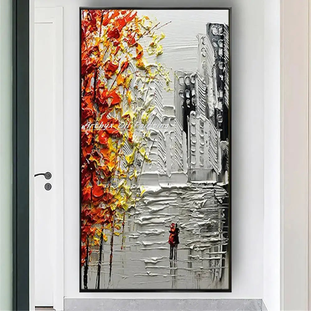 DecorBites™ handmade abstract city oil painting features vibrant orange and yellow autumn tree in a monochrome city landscape