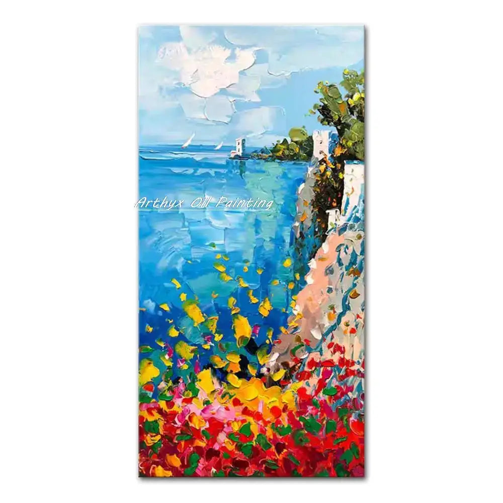 Decorbites™ handmade abstract city oil painting featuring vibrant coastal cliffside with blue seas and colorful wildflowers