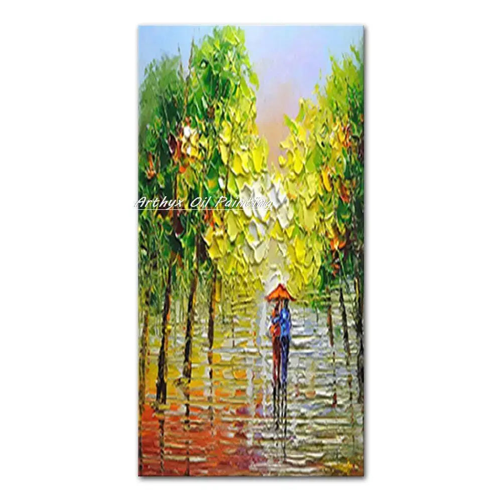 Decorbites™ handmade abstract city oil painting with vibrant orange umbrella on rain-drenched city landscape path