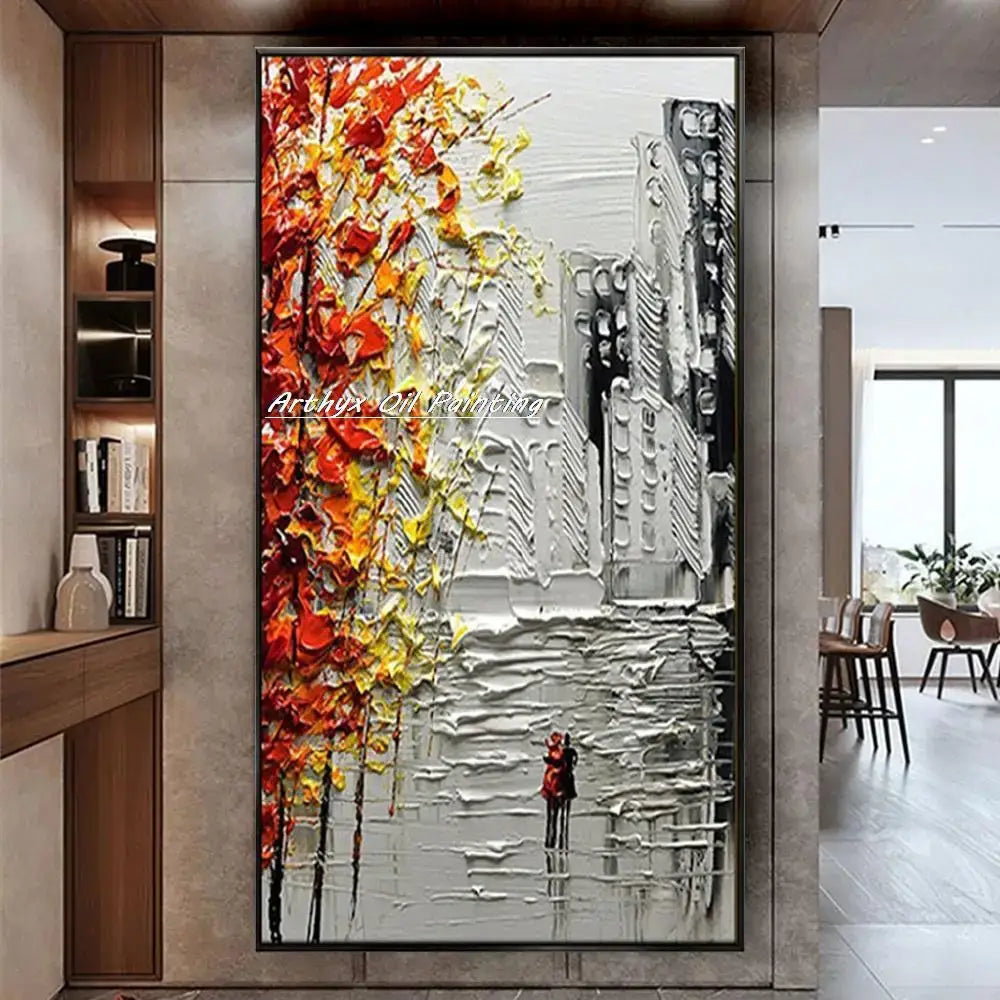 Decorbites™ handmade abstract city oil painting featuring vibrant orange and yellow foliage against a monochromatic city landscape
