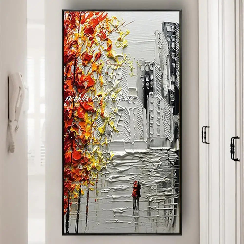 Decorbites™ handmade abstract city oil painting featuring vibrant orange and yellow autumn leaves on city landscape