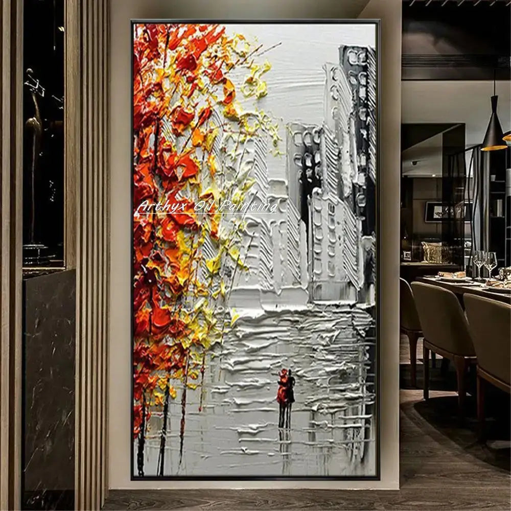 Decorbites™ handmade abstract city oil painting features vibrant autumnal tree with red and yellow leaves beside monochrome cityscape