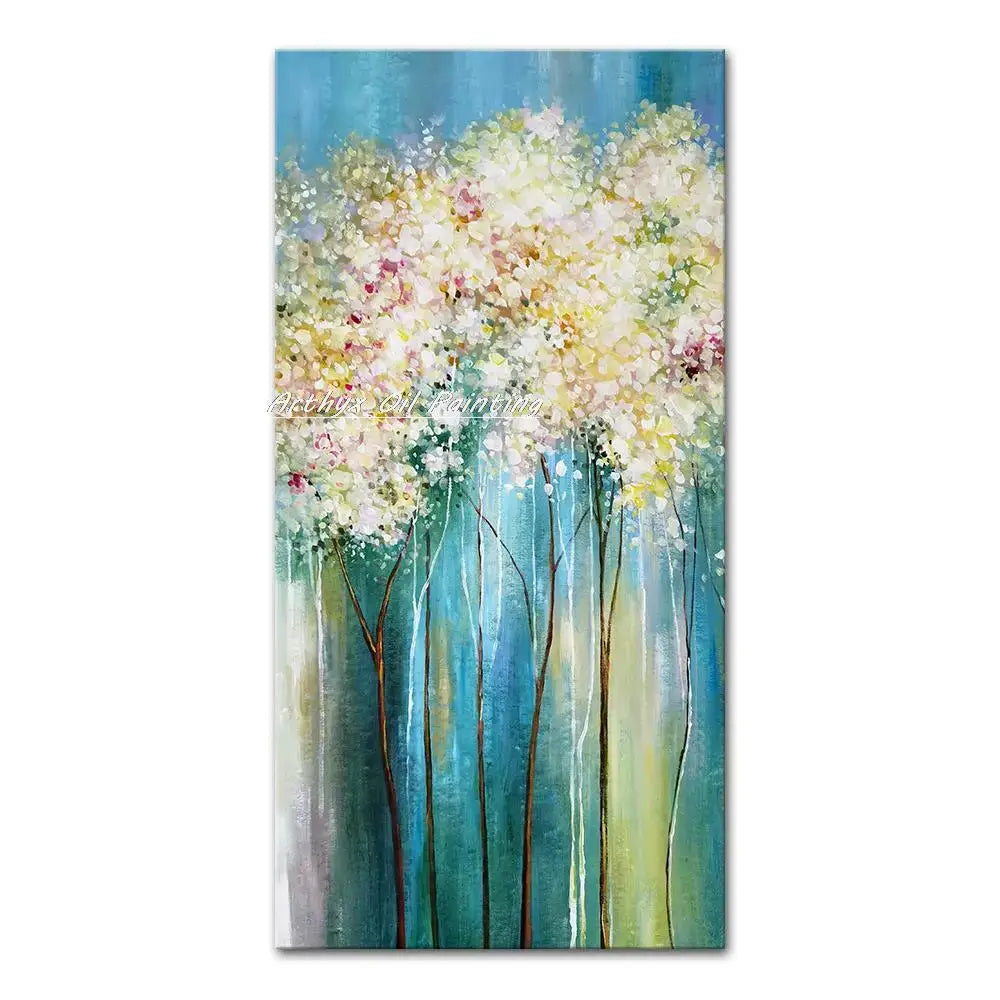 Decorbites™ handmade abstract city oil painting with stylized trees in cream and pink on teal city landscape background