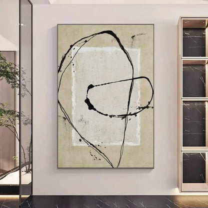 DecorBites™ handmade abstract oil painting wall art with bold black brushstrokes on textured beige canvas in silver frame