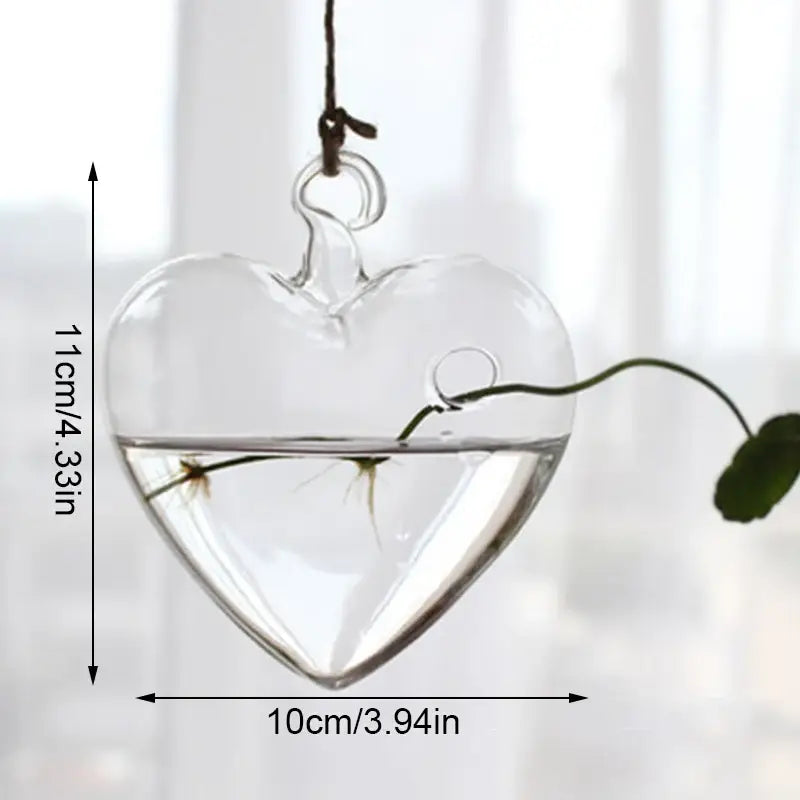 Decorbites handmade angel glass vase clear heart shaped glass with looped top containing green stem and water