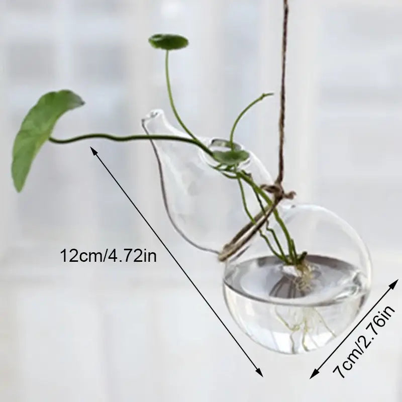 Clear glass hanging DecorBites™ angel vase with teapot top and spherical base holding green plant stems