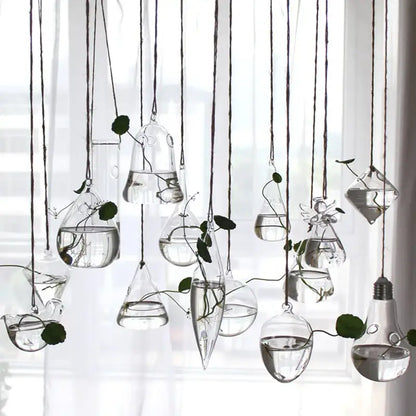 DecorBites™ handmade clear glass hanging planters in various shapes with green plants for home decor use