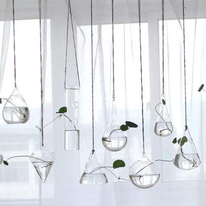 DecorBites handmade angel glass vase set of clear geometric hanging glass planters with green plants inside