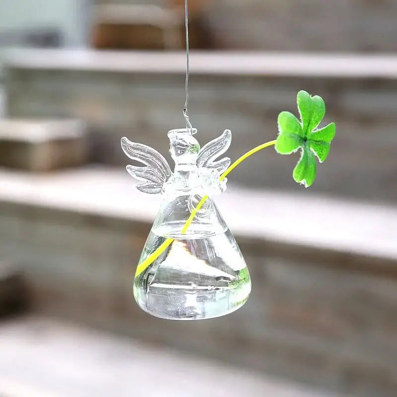 DecorBites handmade clear glass angel-shaped hanging ornament with attached four-leaf clover for home decor