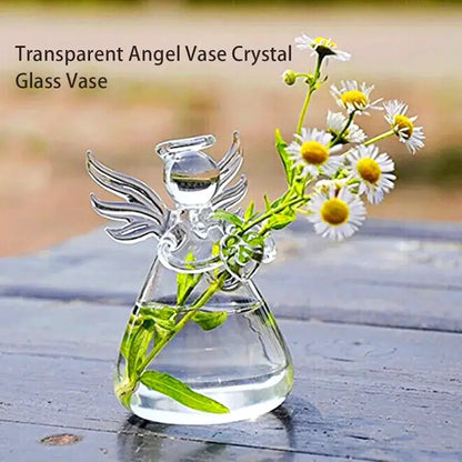 DecorBites™ handmade transparent glass angel vase with delicate wings holding white daisies for home decor