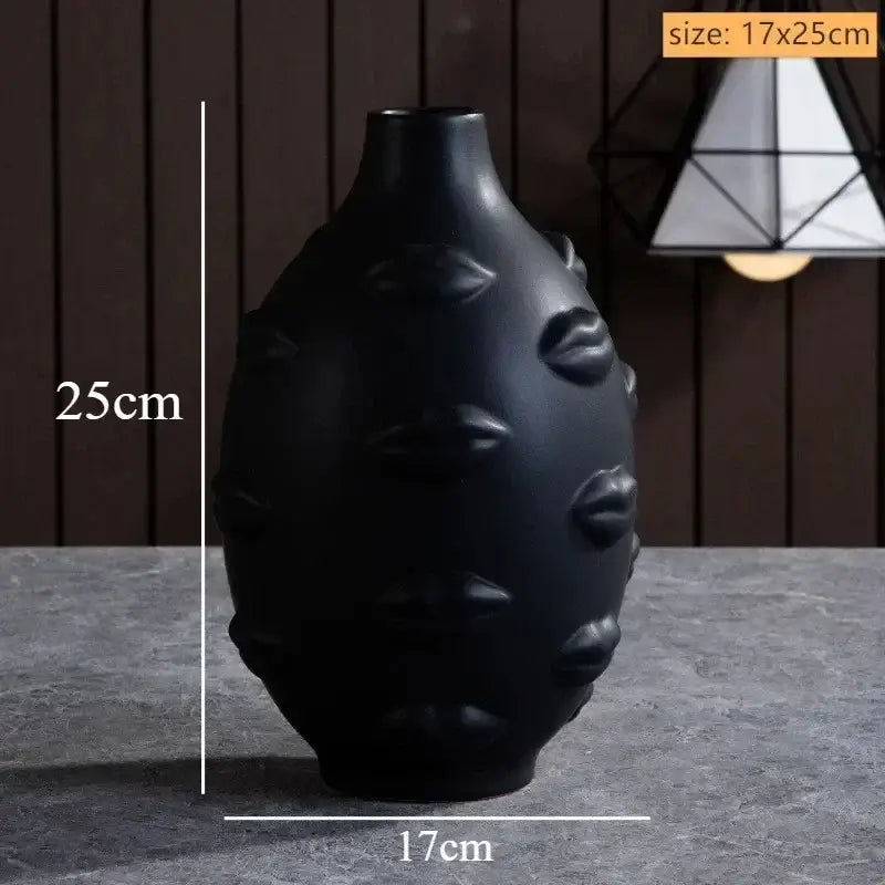 Black handmade ceramic face art vase sculpture with sculpted lips design 17x25cm for home decor
