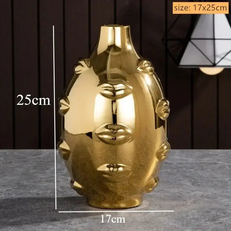DecorBites™ handmade ceramic face vase in gold with multiple lips sculpted features for home decor art vase sculpture