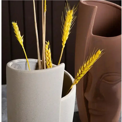 DecorBites™ handmade ceramic face off-white art vase sculpture with golden wheat stalks for elegant home decor