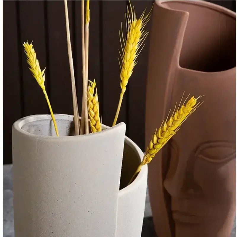 DecorBites™ handmade ceramic face off-white art vase sculpture with golden wheat stalks for elegant home decor