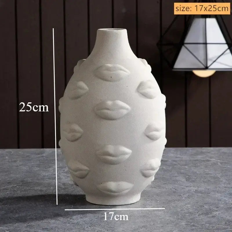 DecorBites™ handmade ceramic face art vase sculpture in white with textured raised lip design for home decor