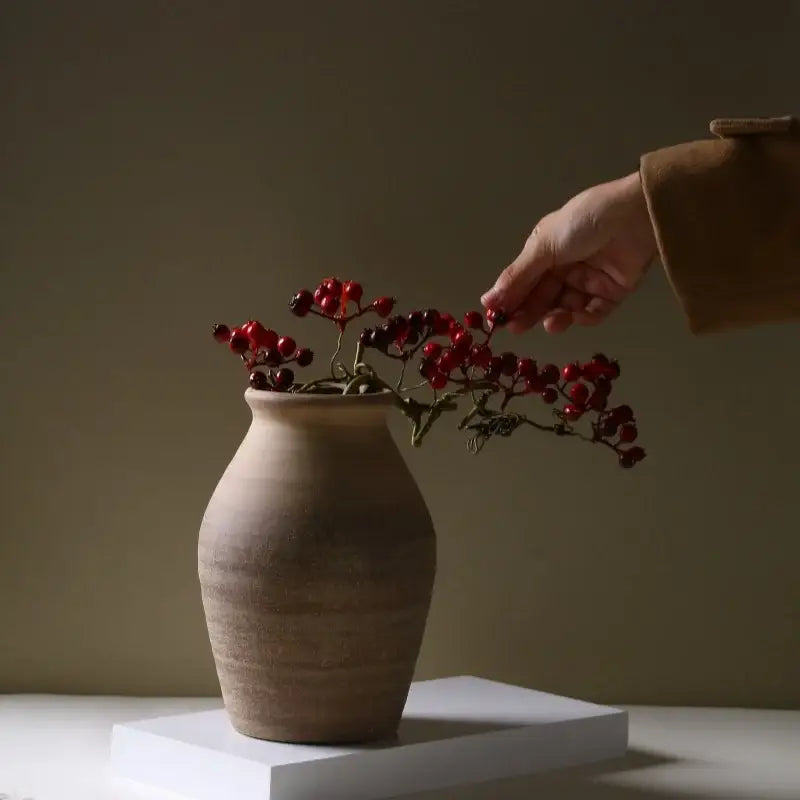 DecorBites™ handmade ceramic vase with textured matte finish and subtle ridges for retro style home decoration