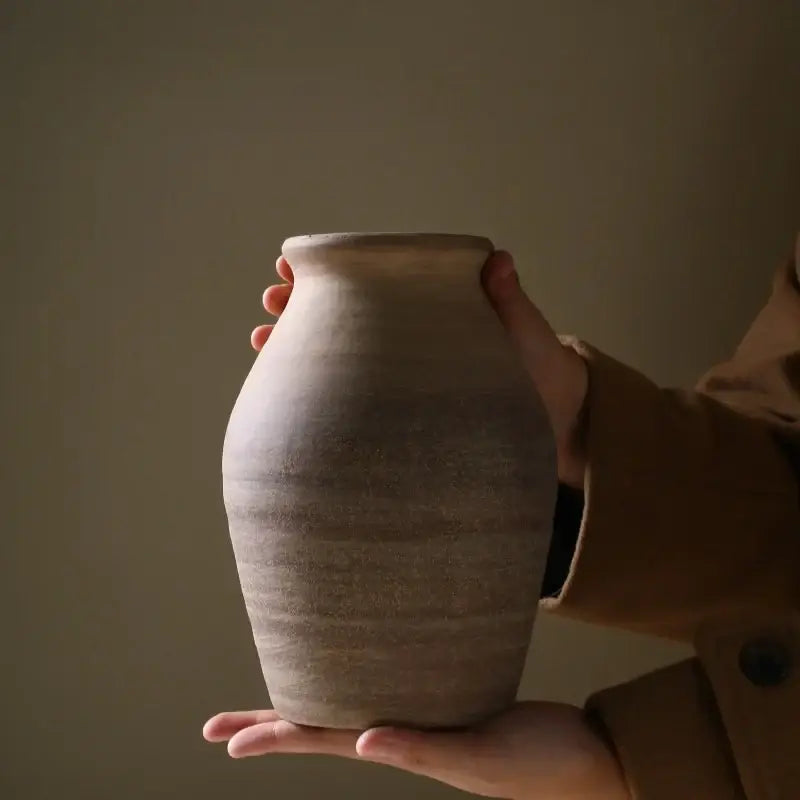 DecorBites™ handmade ceramic vase earth-toned with textured surface and ridges ideal for home decoration