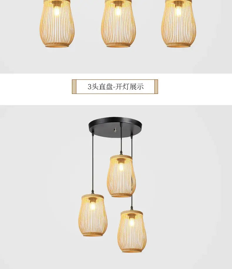 Decorbites™ handmade chinese rattan wicker three-head pendant light with warm woven shades and black metal mount