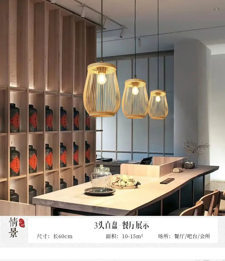 Three hanging pendant lights with woven bamboo shades and exposed bulbs in chinese rattan wicker pendant design