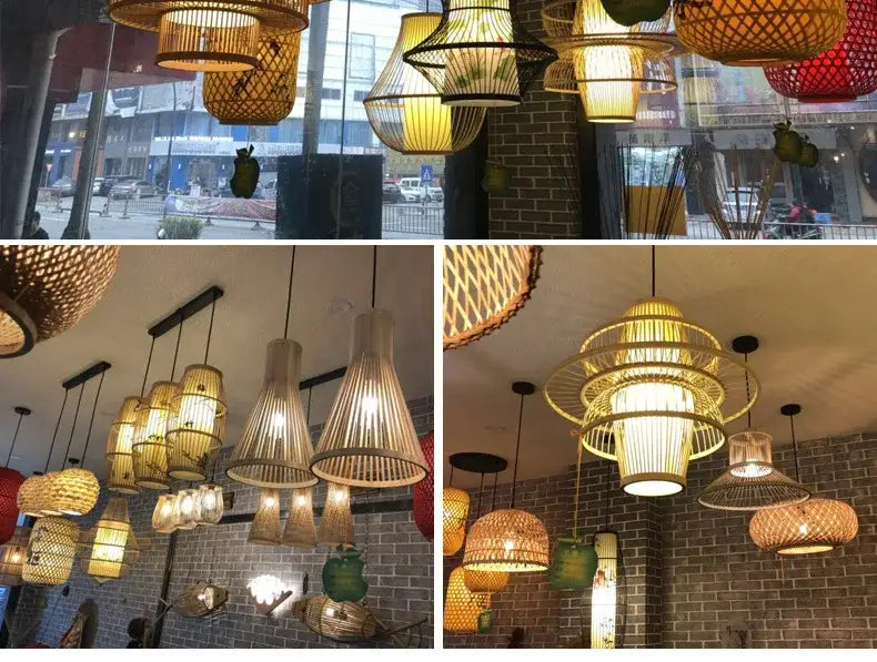 DecorBites™ handmade Chinese rattan wicker pendant ceiling light with woven bamboo lattice in warm yellow and natural tones