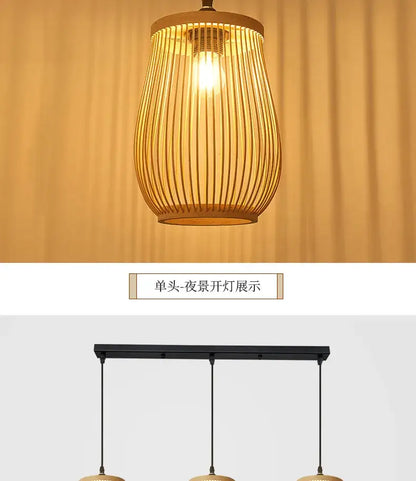 DecorBites™ warm-toned chinese rattan wicker pendant ceiling light with vertical slats and softly glowing bulb