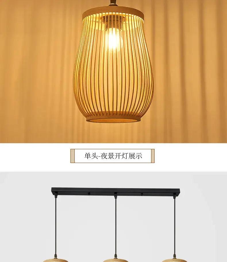 DecorBites™ warm-toned chinese rattan wicker pendant ceiling light with vertical slats and softly glowing bulb
