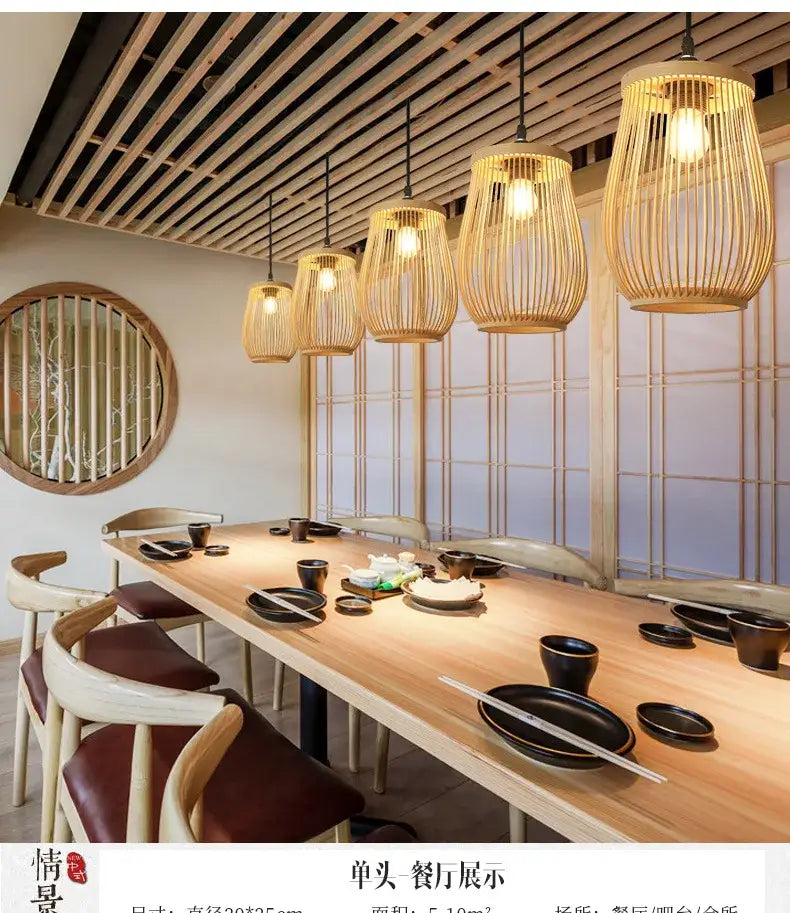 Warm-toned decorbites™ handmade chinese rattan wicker pendant lights with woven cylindrical design above dining table