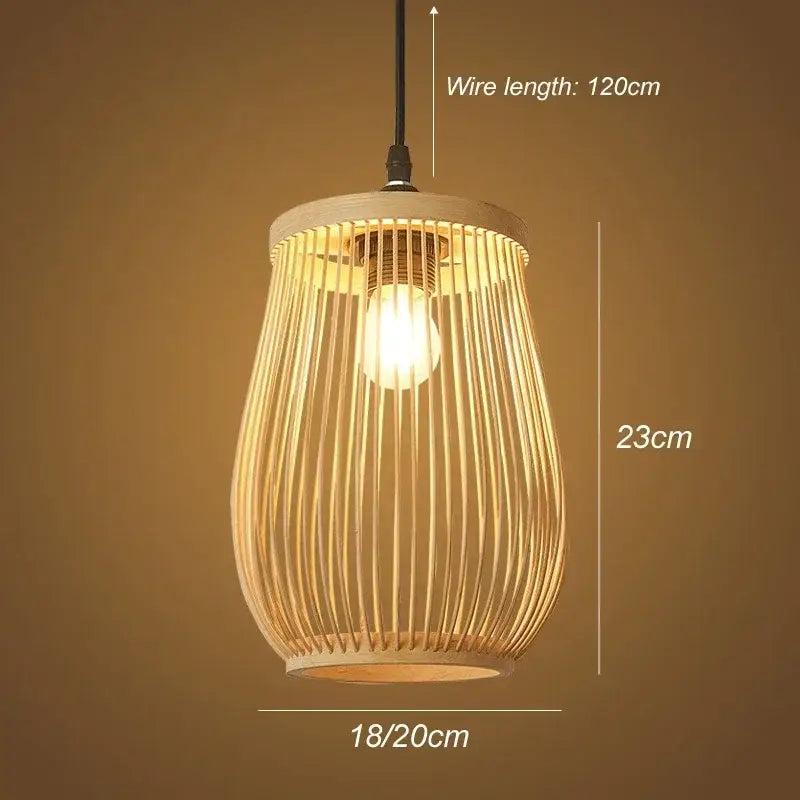 DecorBites™ warm-toned chinese rattan wicker pendant light with vertical slats and exposed bulb inside circular wooden top