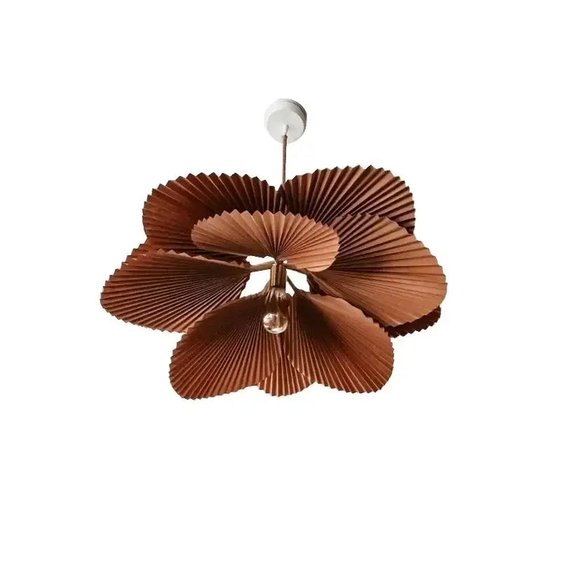 Decorbites handmade floral chandelier in warm brown wood features pleated petal-like shades for dining room lighting