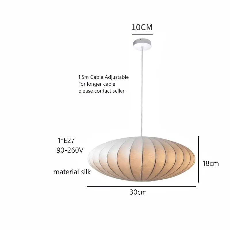 Decorbites™ handmade japanese style silk chandelier with oval beige pleated silk shade and silver metal cable