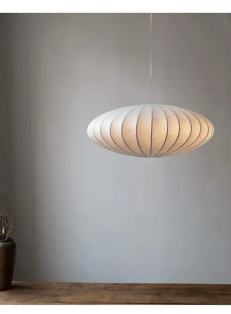 DecorBites™ handmade japanese style silk chandelier with oval shape warm beige silk and segmented wooden slats