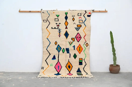 Beige DecorBites handmade moroccan azilal rug with colorful orange pink green and blue geometric patterns 222 x 139 cm