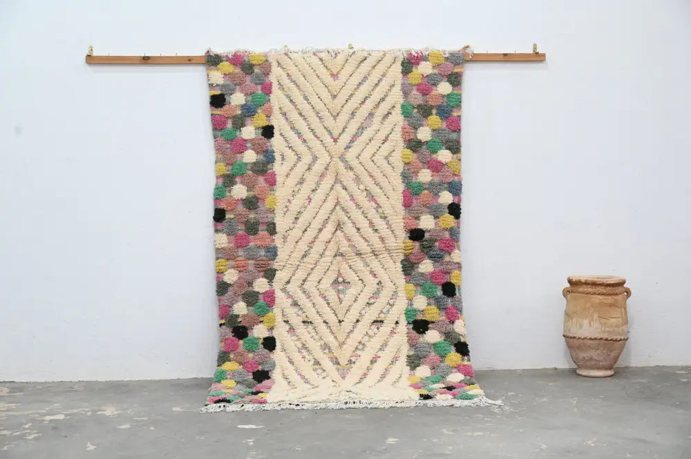 Colorful handwoven DecorBites™ handmade Moroccan azilal rug 222x133 cm with cream geometric pattern and vibrant polka dots