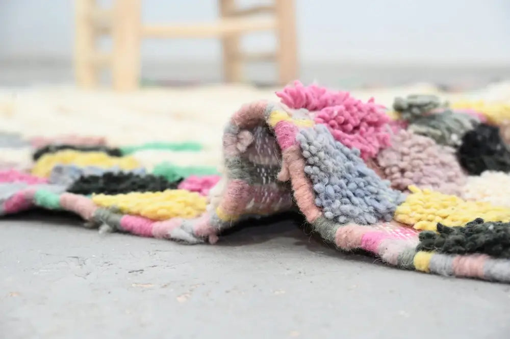 Decorbites handmade moroccan azilal rug 222x133 cm with colorful chunky knit patchwork in pastel and vibrant hues