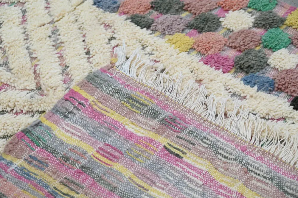 Colorful handmade decorbites™ azilal rug 222x133 cm with patchwork design pom-poms pastel earthy tones white fringe