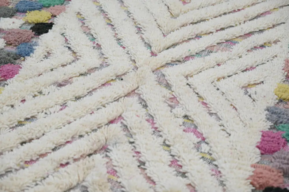 DecorBites™ handmade Moroccan azilal rug 222x133 cm cream with textured geometric pattern and colorful embroidery