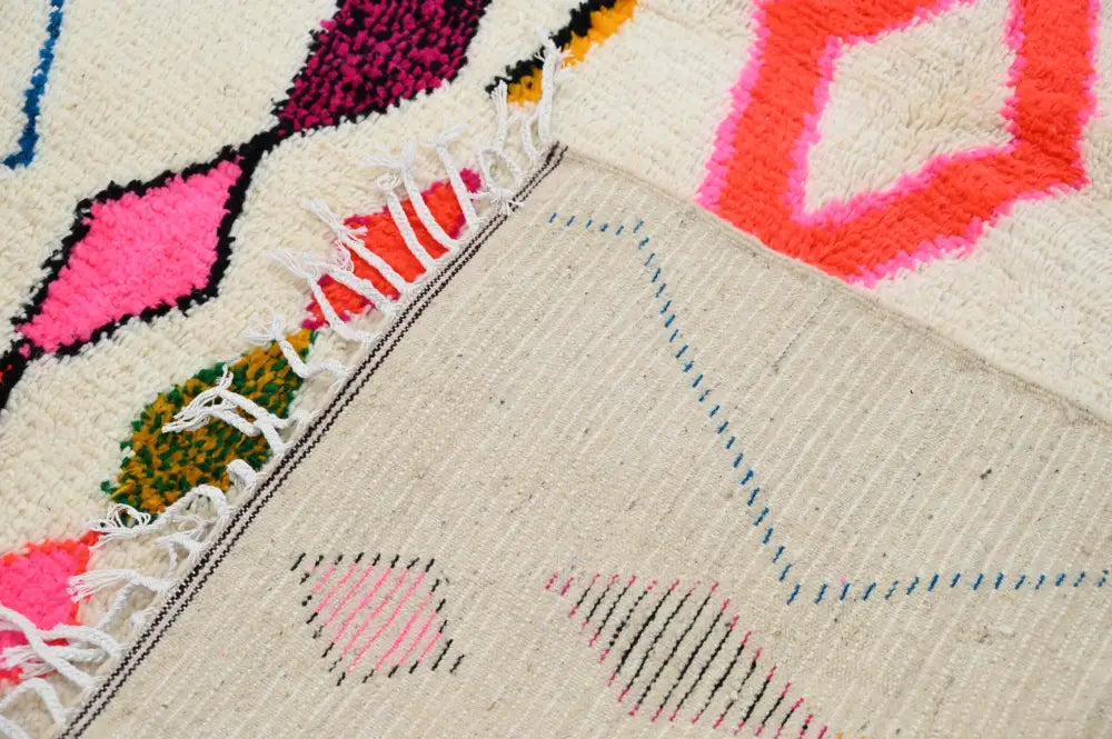 Beige decorbites™ handmade moroccan azilal rug with vibrant colors geometric patterns and white fringe 237x155 cm