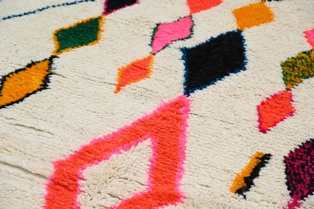 DecorBites handmade Moroccan Azilal rug with vibrant colors and geometric wool pattern 237x155 cm