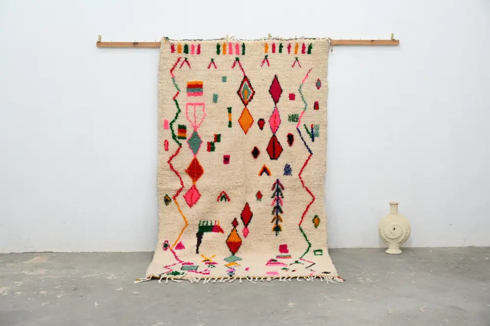 Beige DecorBites handmade traditional azilal rug with vibrant pink orange green and red geometric patterns 240x141 cm
